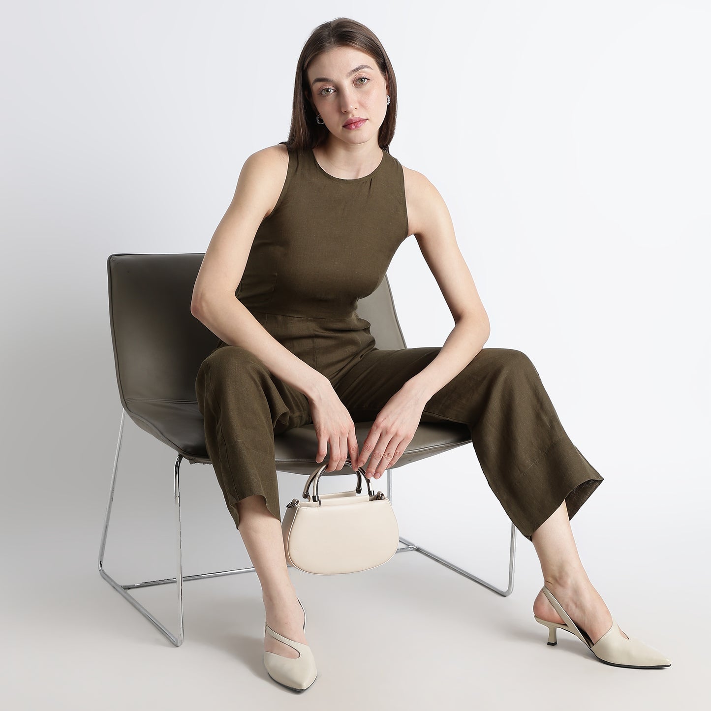 Velora – Sleeveless Wide-Leg Linen Jumpsuit – Dark Olive