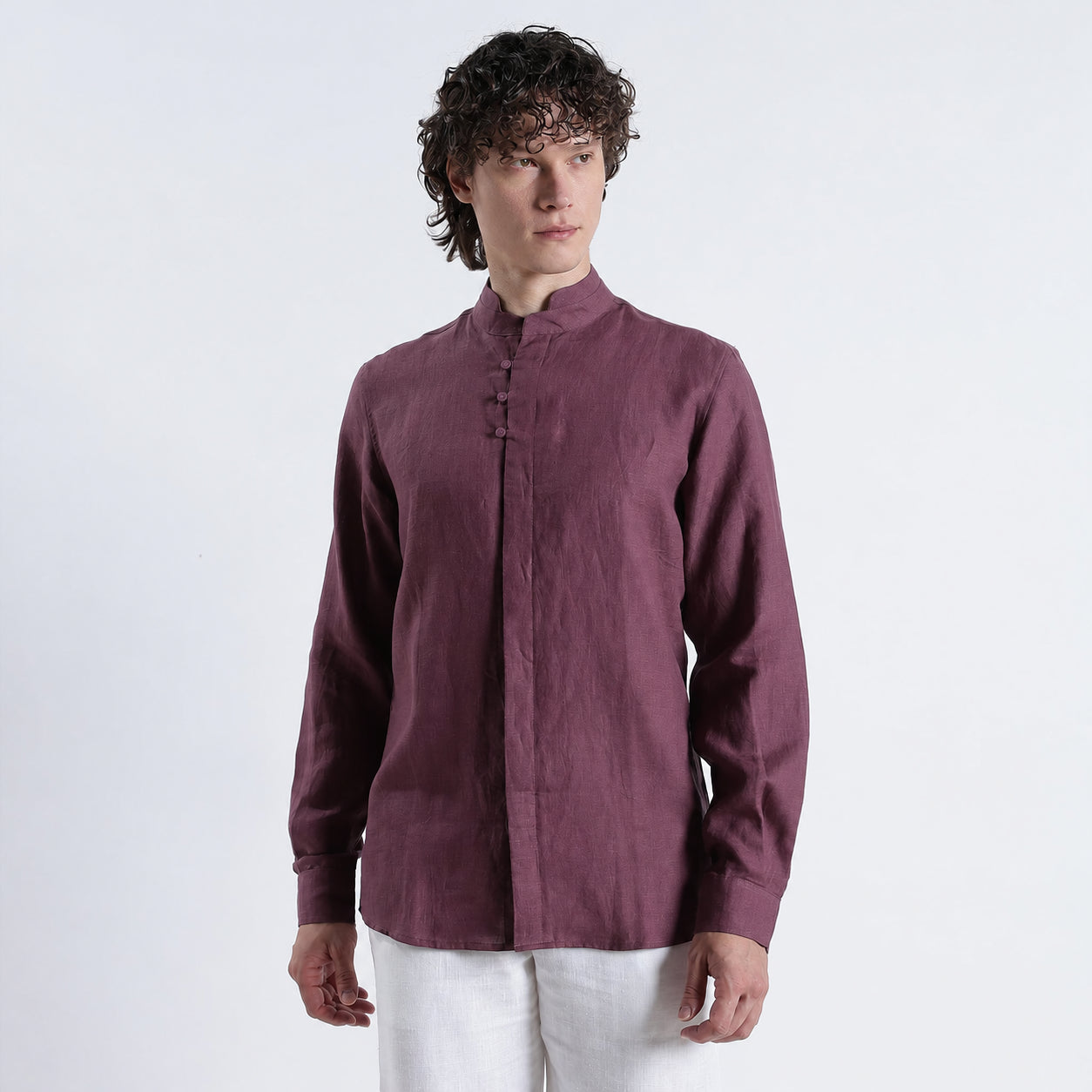 Vino – Premium High Collar Linen Shirt – Wine