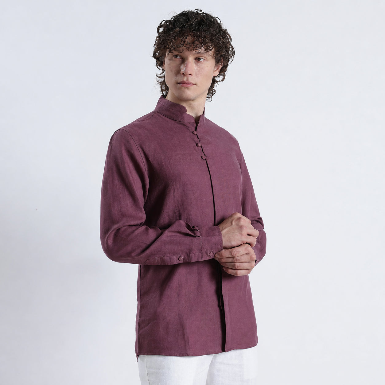 Vino – Premium High Collar Linen Shirt – Wine