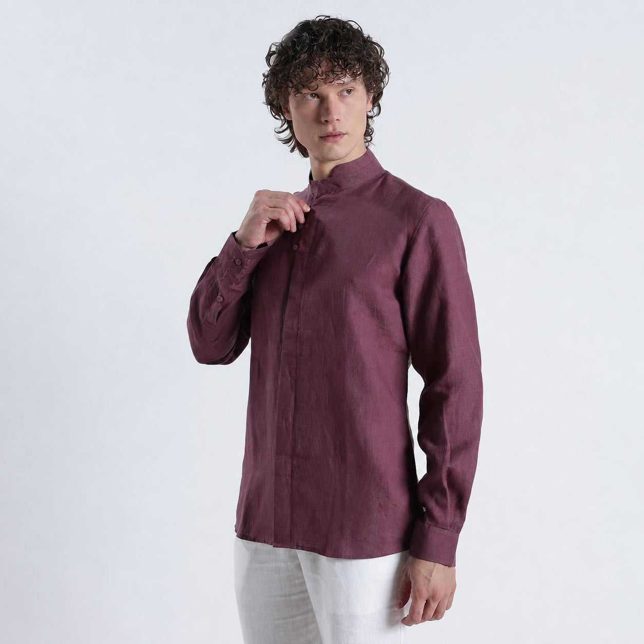 Vino – Premium High Collar Linen Shirt – Wine