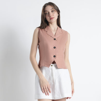 Laura – Tailored Notch Lapel Linen Vest Top – Clay