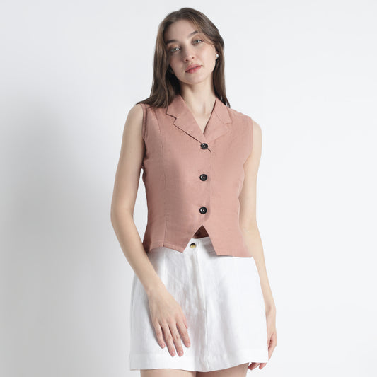 Laura – Tailored Notch Lapel Linen Vest Top – Clay