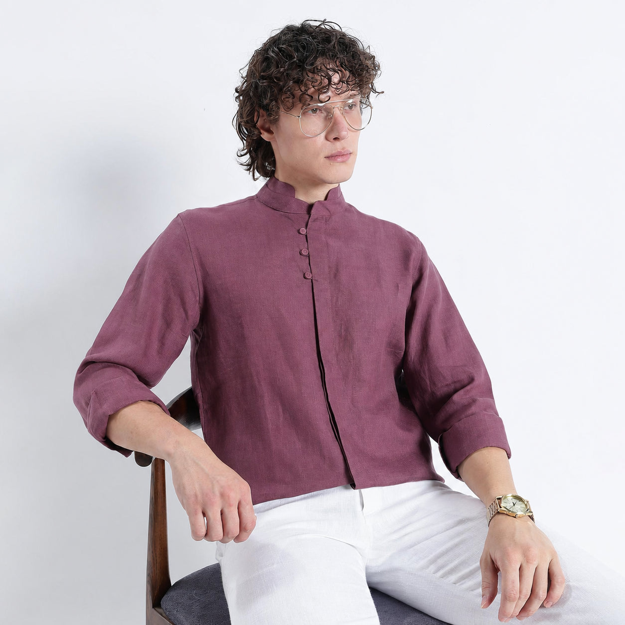 Vino – Premium High Collar Linen Shirt – Wine