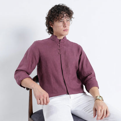 Vino – Premium High Collar Linen Shirt – Wine