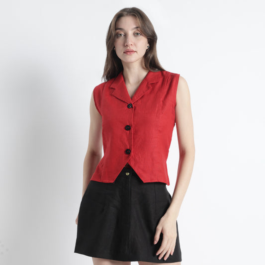 Laura – Tailored Notch Lapel Linen Vest Top – Crimson
