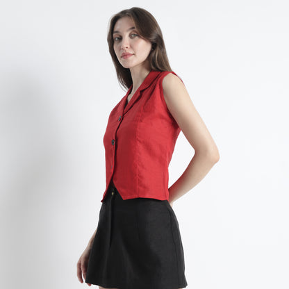 Laura – Tailored Notch Lapel Linen Vest Top – Crimson