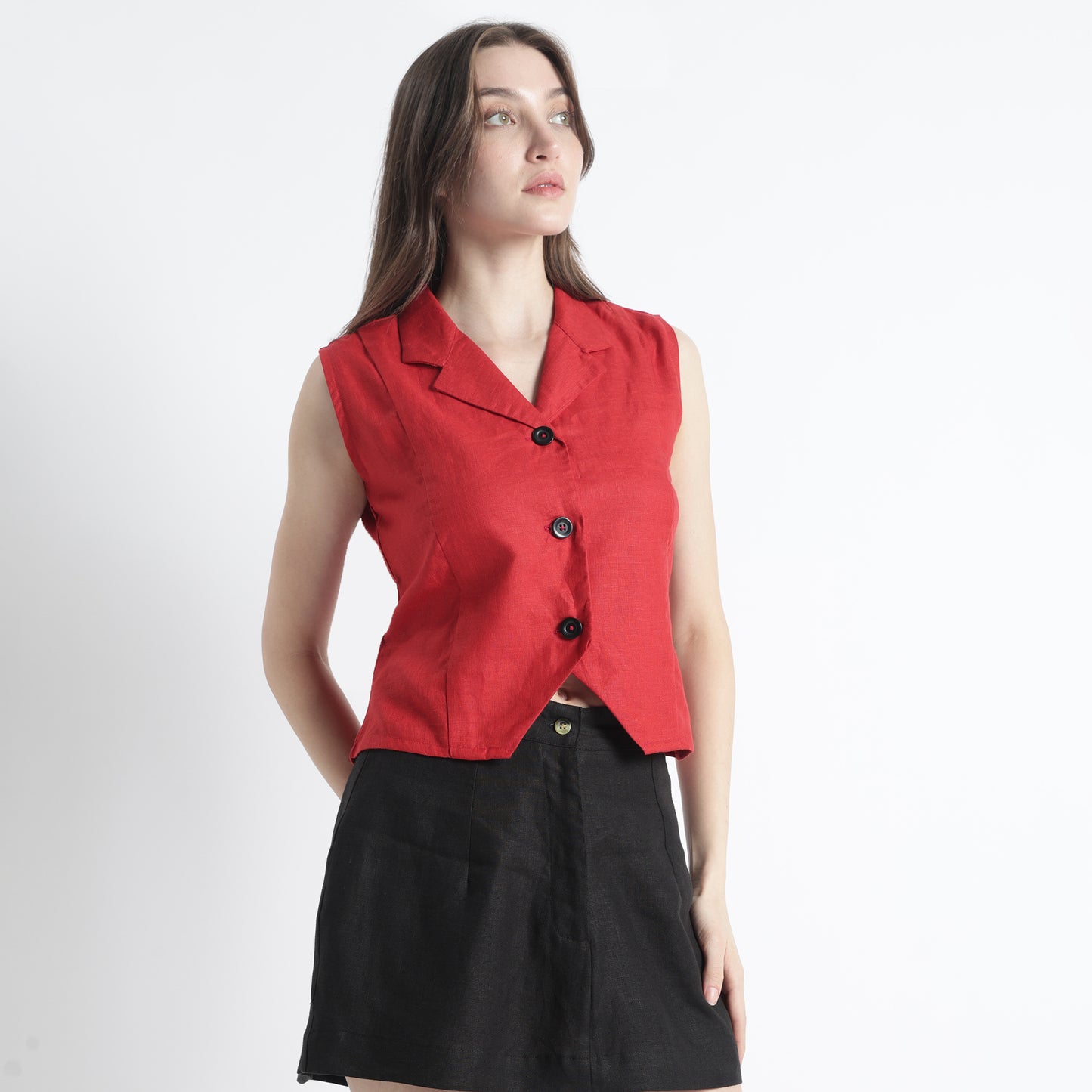 Laura – Tailored Notch Lapel Linen Vest Top – Crimson