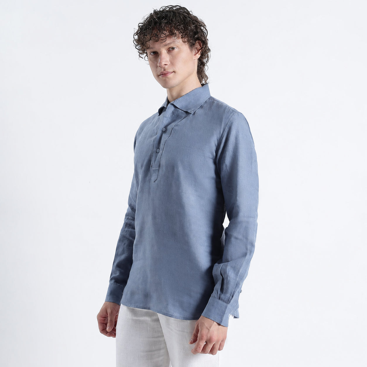 Zaffiro – Premium Half-Placket Linen Shirt – Steel Blue