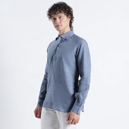 Zaffiro – Premium Half-Placket Linen Shirt – Steel Blue