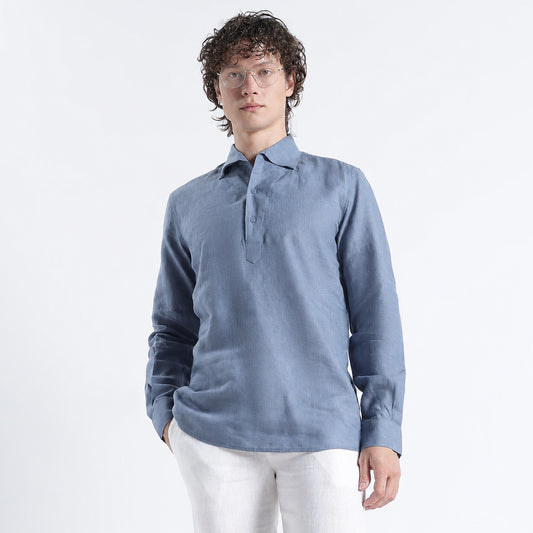 Zaffiro – Premium Half-Placket Linen Shirt – Steel Blue