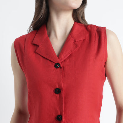 Laura – Tailored Notch Lapel Linen Vest Top – Crimson