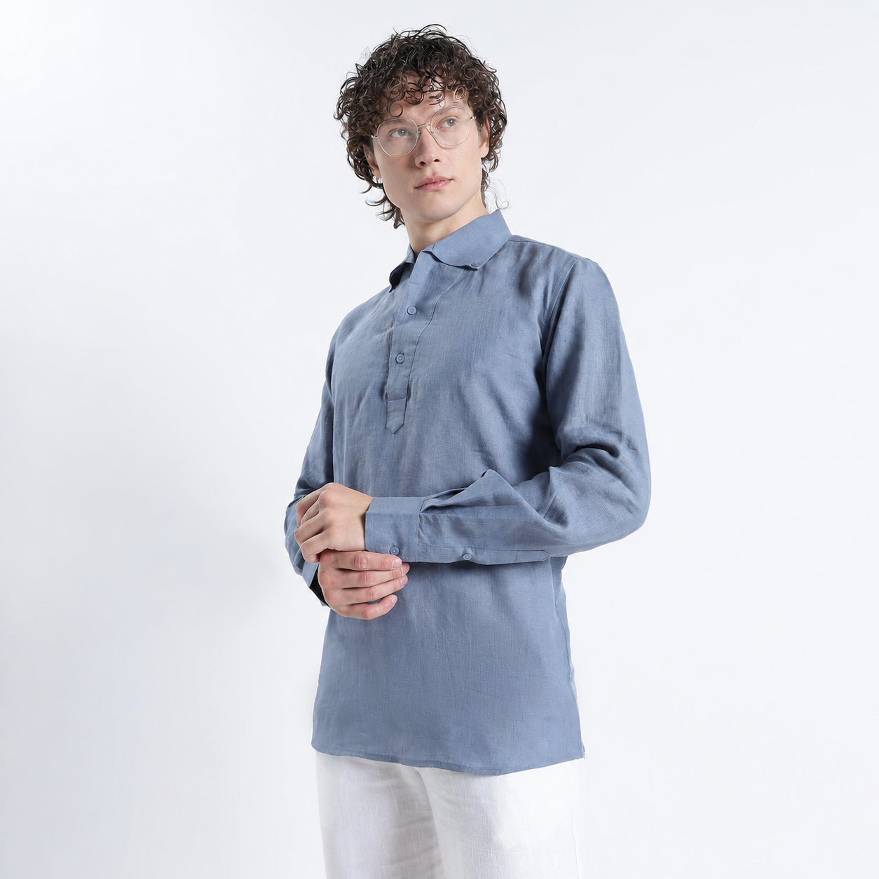 Zaffiro – Premium Half-Placket Linen Shirt – Steel Blue