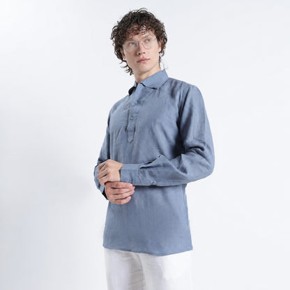 Zaffiro – Premium Half-Placket Linen Shirt – Steel Blue