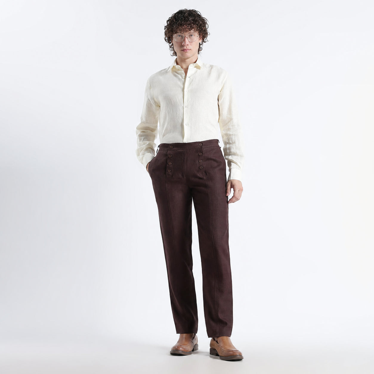 Urbano – Premium Sailor Button Linen Trousers – Coffee