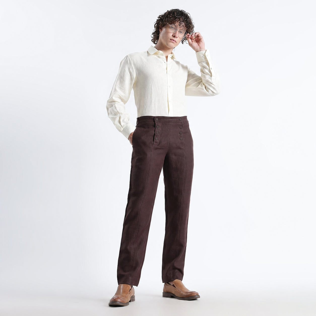 Urbano – Premium Sailor Button Linen Trousers – Coffee