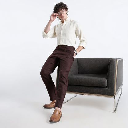 Urbano – Premium Sailor Button Linen Trousers – Coffee