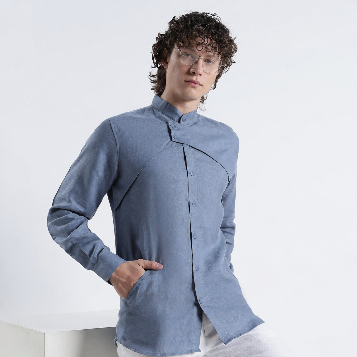 Lume – Premium Tulip Overlay Linen Shirt – Steel Blue