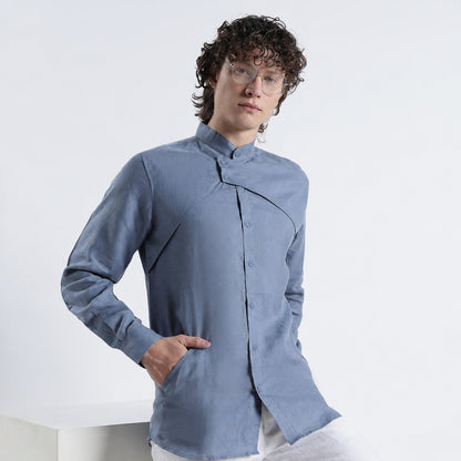 Lume – Premium Tulip Overlay Linen Shirt – Steel Blue