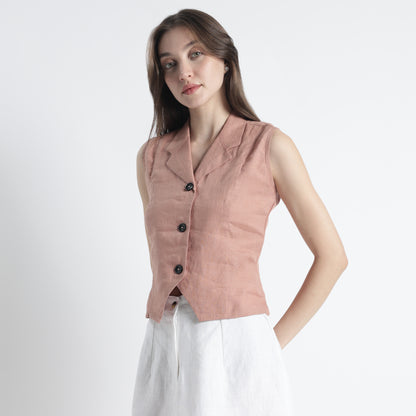 Laura – Tailored Notch Lapel Linen Vest Top – Clay