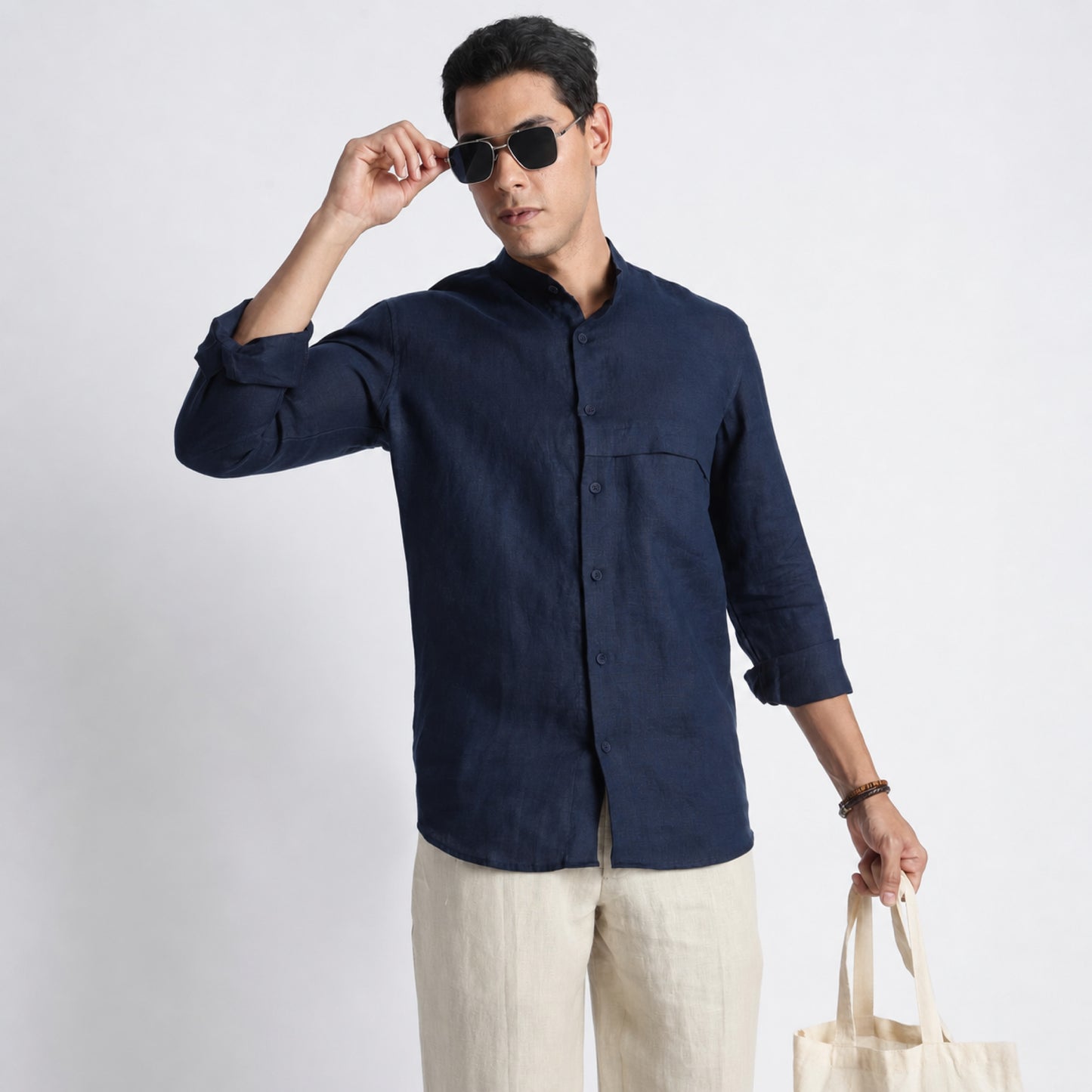 Odin - Korean Luxury Men's Band Collar Stylized Shirt - Indigo