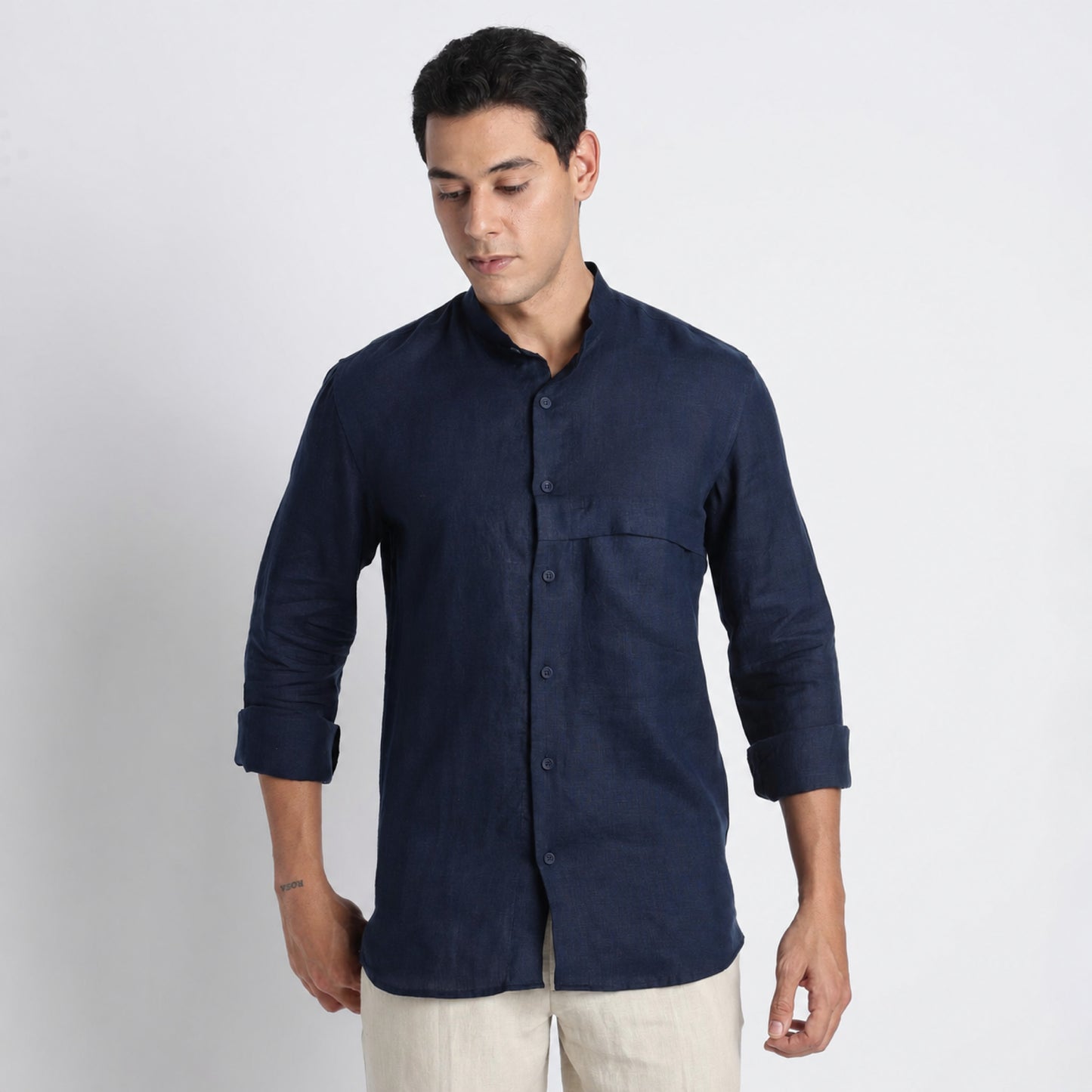 Odin - Korean Luxury Men's Band Collar Stylized Shirt - Indigo