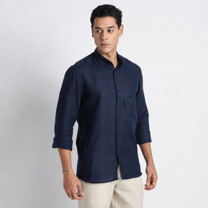 Odin - Korean Luxury Men's Band Collar Stylized Shirt - Indigo