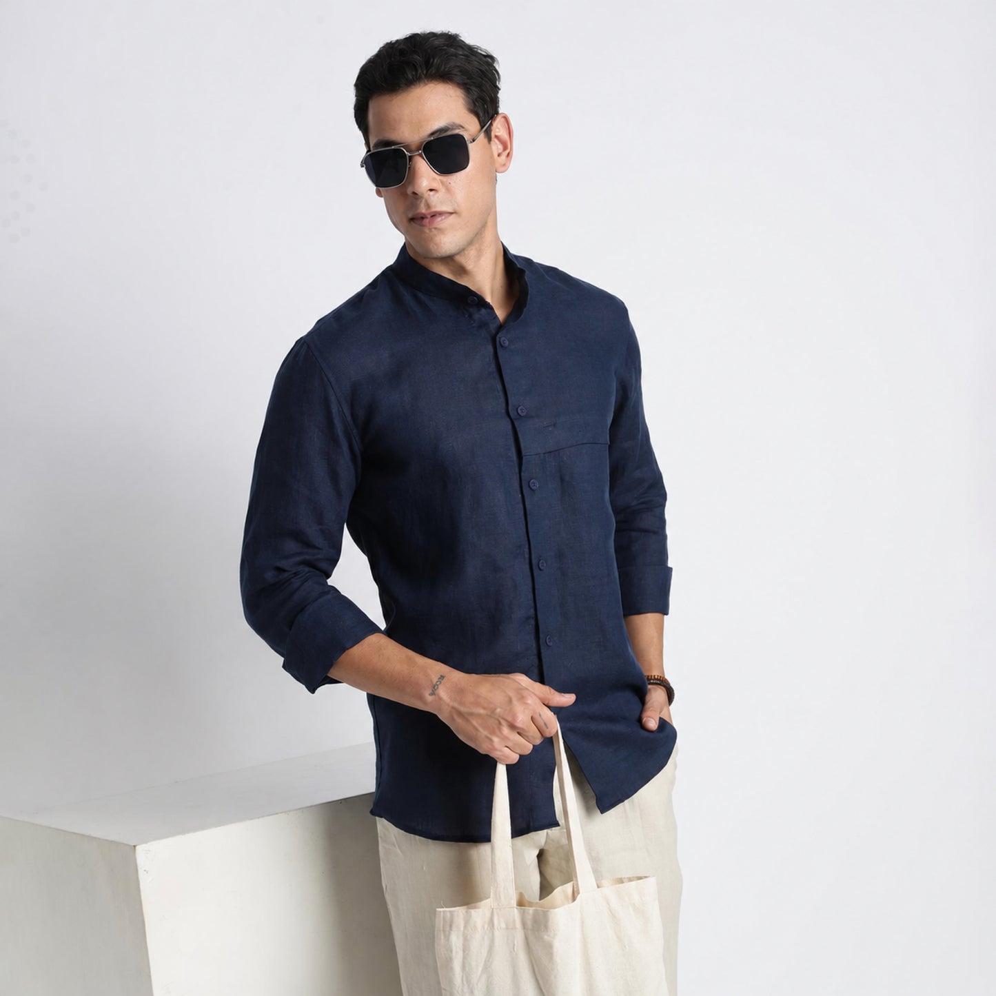 Odin - Korean Luxury Men's Band Collar Stylized Shirt - Indigo