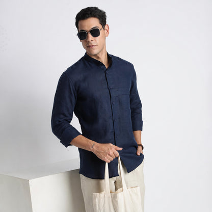 Odin - Korean Luxury Men's Band Collar Stylized Shirt - Indigo