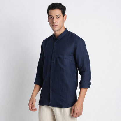 Odin - Korean Luxury Men's Band Collar Stylized Shirt - Indigo