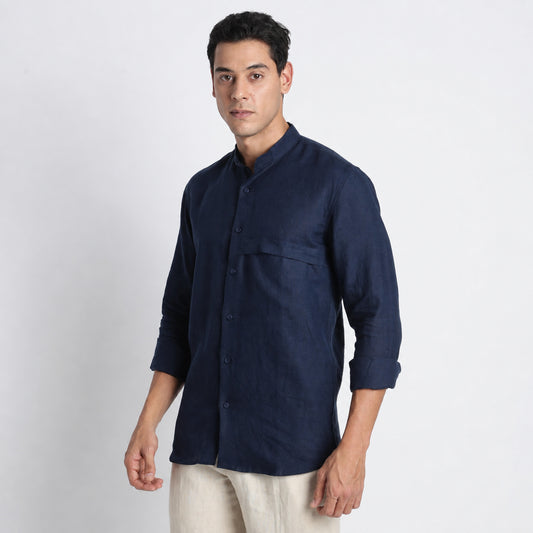 Odin - Korean Luxury Men's Band Collar Stylized Shirt - Indigo