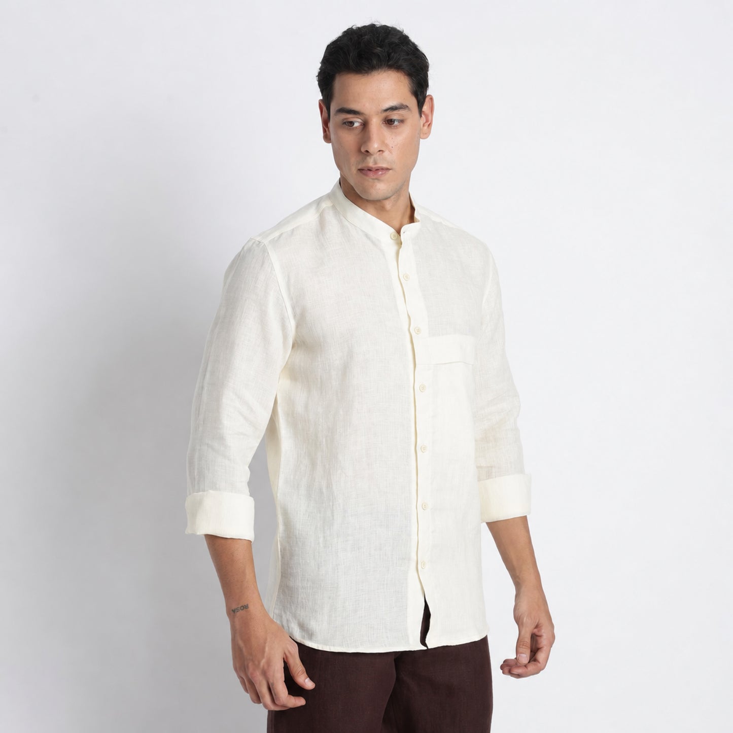 Odin - Korean Luxury Men's Band Collar Stylized Shirt - Butter