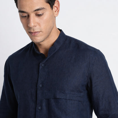 Odin - Korean Luxury Men's Band Collar Stylized Shirt - Indigo