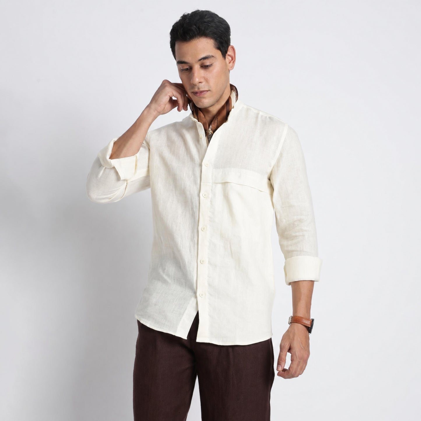 Odin - Korean Luxury Men's Band Collar Stylized Shirt - Butter