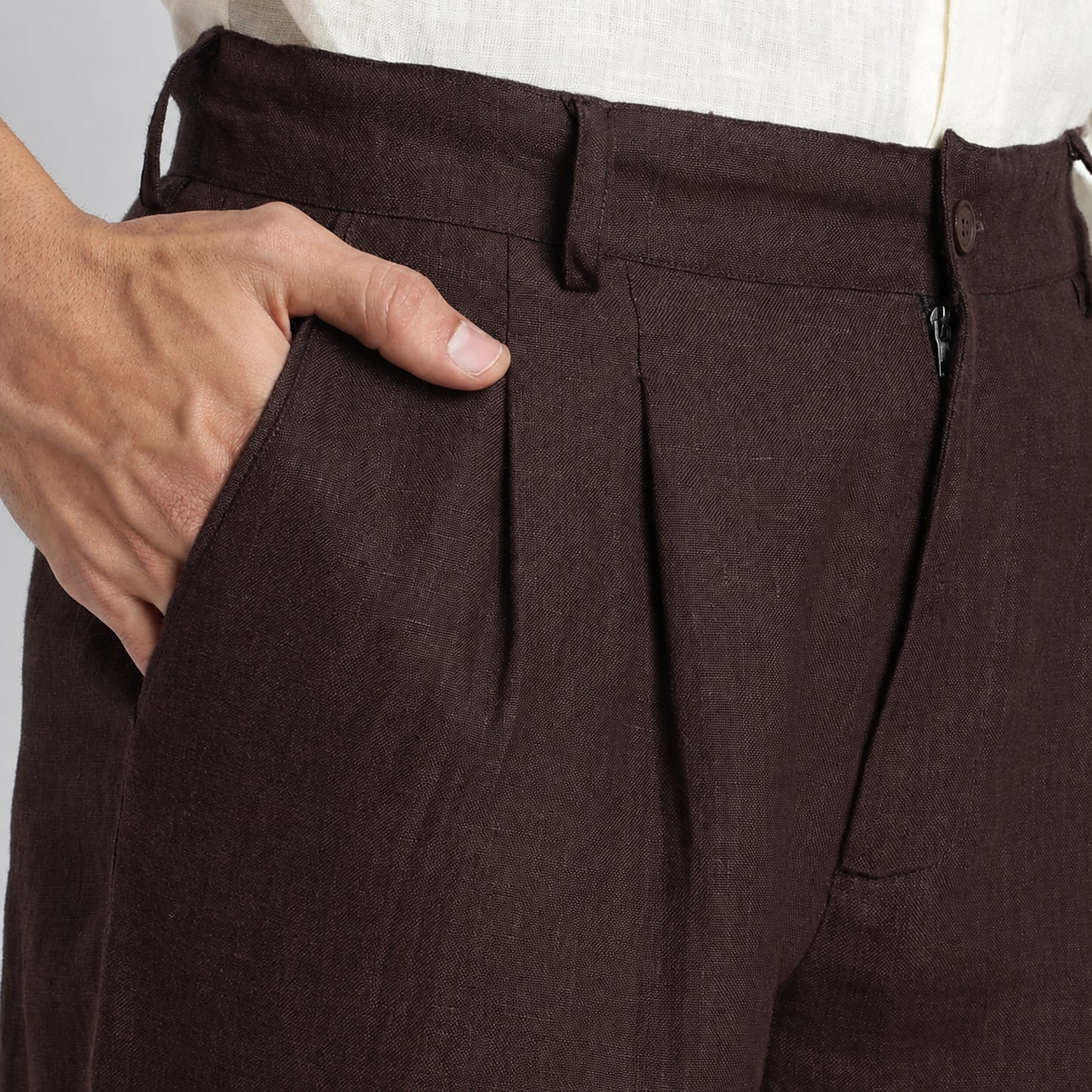 Busan – Luxury Pleated Straight Fit Pure Linen Trousers – Coffee