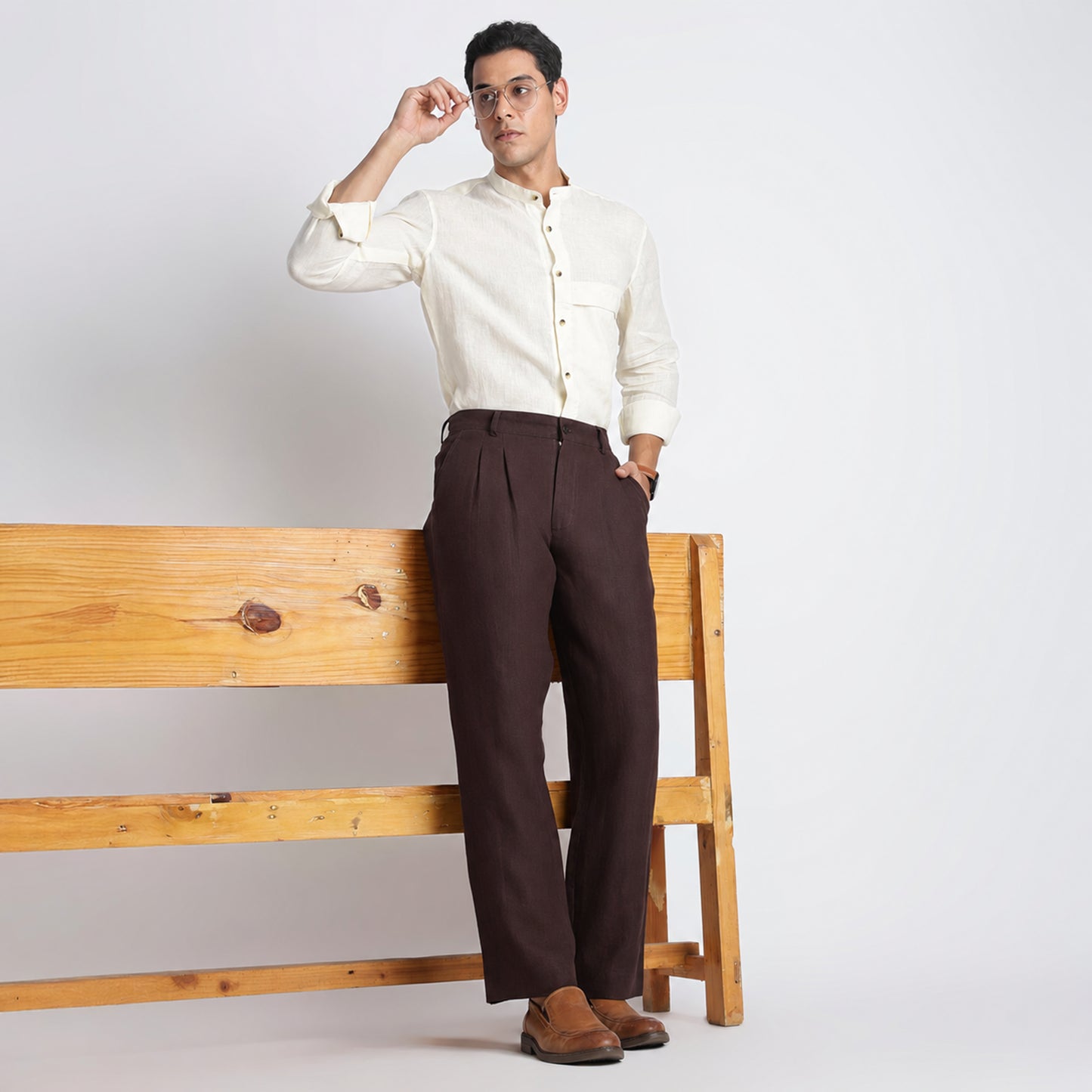Busan – Luxury Pleated Straight Fit Pure Linen Trousers – Coffee