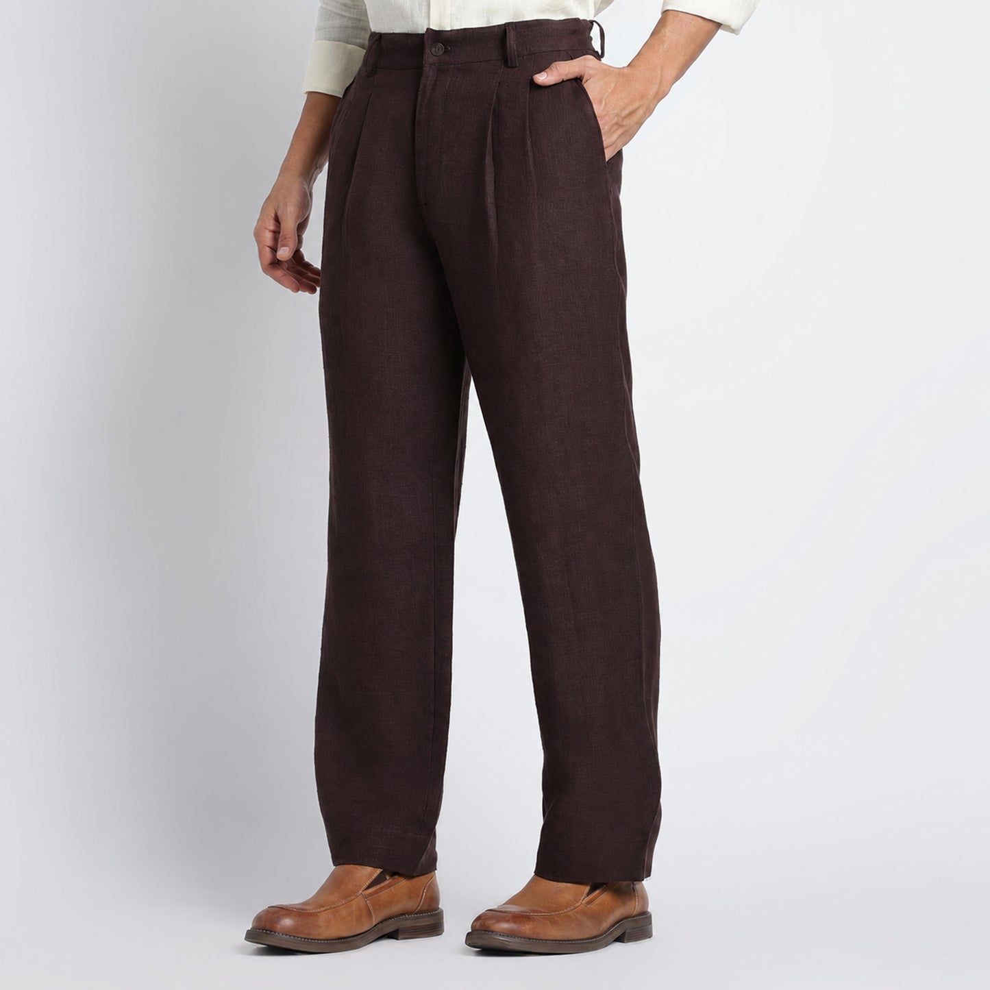 Busan – Luxury Pleated Straight Fit Pure Linen Trousers – Coffee