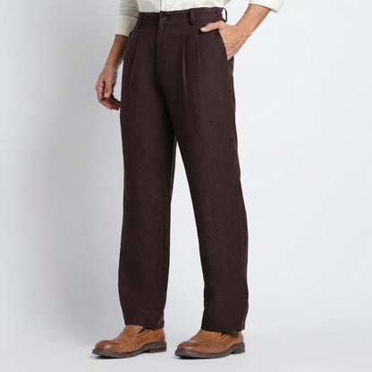 Busan – Luxury Pleated Straight Fit Pure Linen Trousers – Coffee