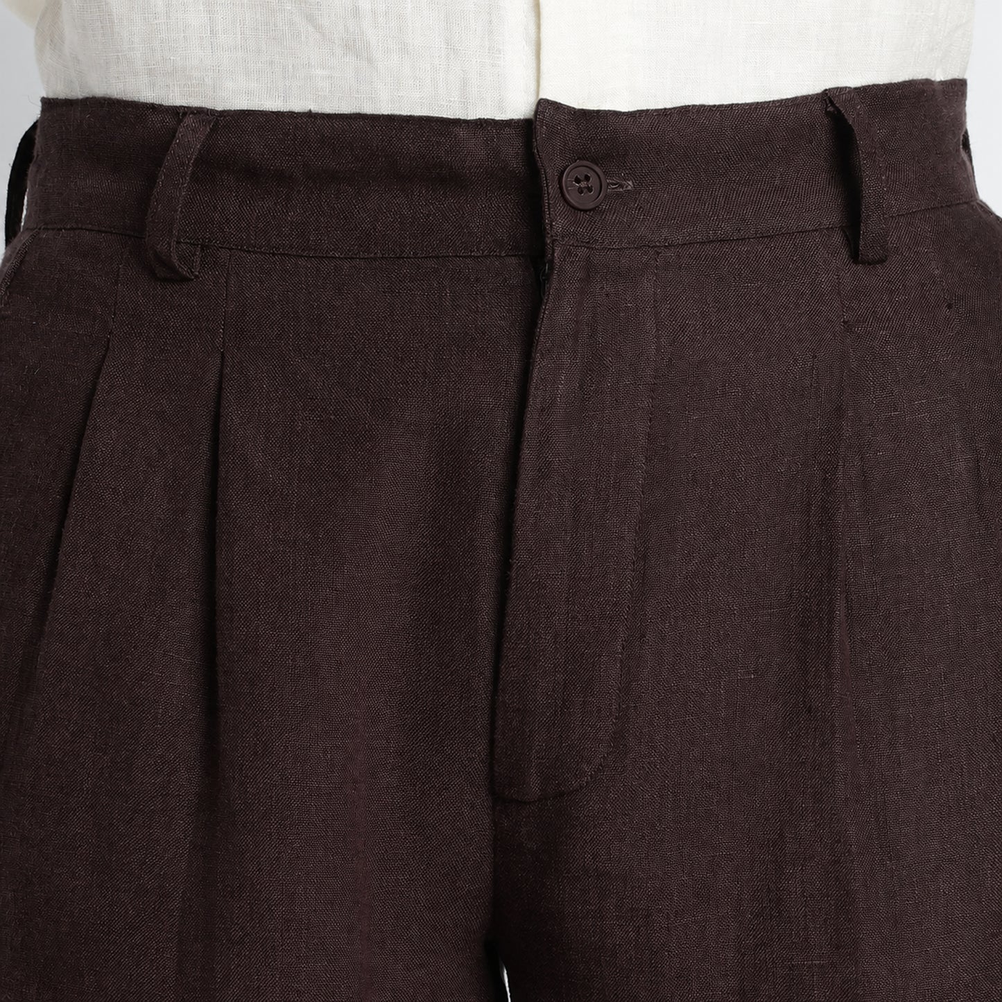 Busan – Luxury Pleated Straight Fit Pure Linen Trousers – Coffee