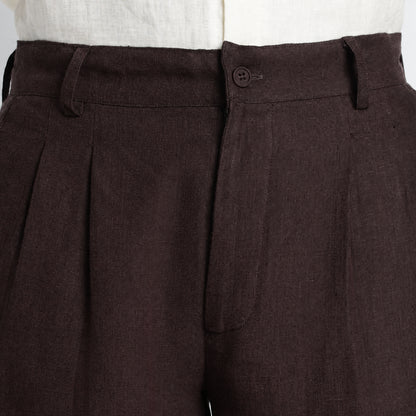 Busan – Luxury Pleated Straight Fit Pure Linen Trousers – Coffee