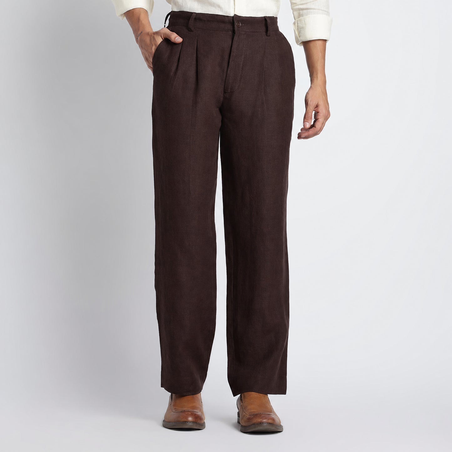 Busan – Luxury Pleated Straight Fit Pure Linen Trousers – Coffee