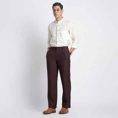 Busan – Luxury Pleated Straight Fit Pure Linen Trousers – Coffee