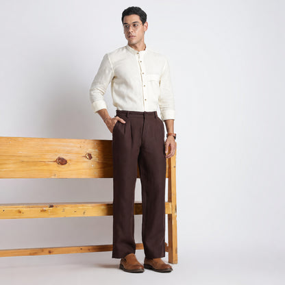 Busan – Luxury Pleated Straight Fit Pure Linen Trousers – Coffee