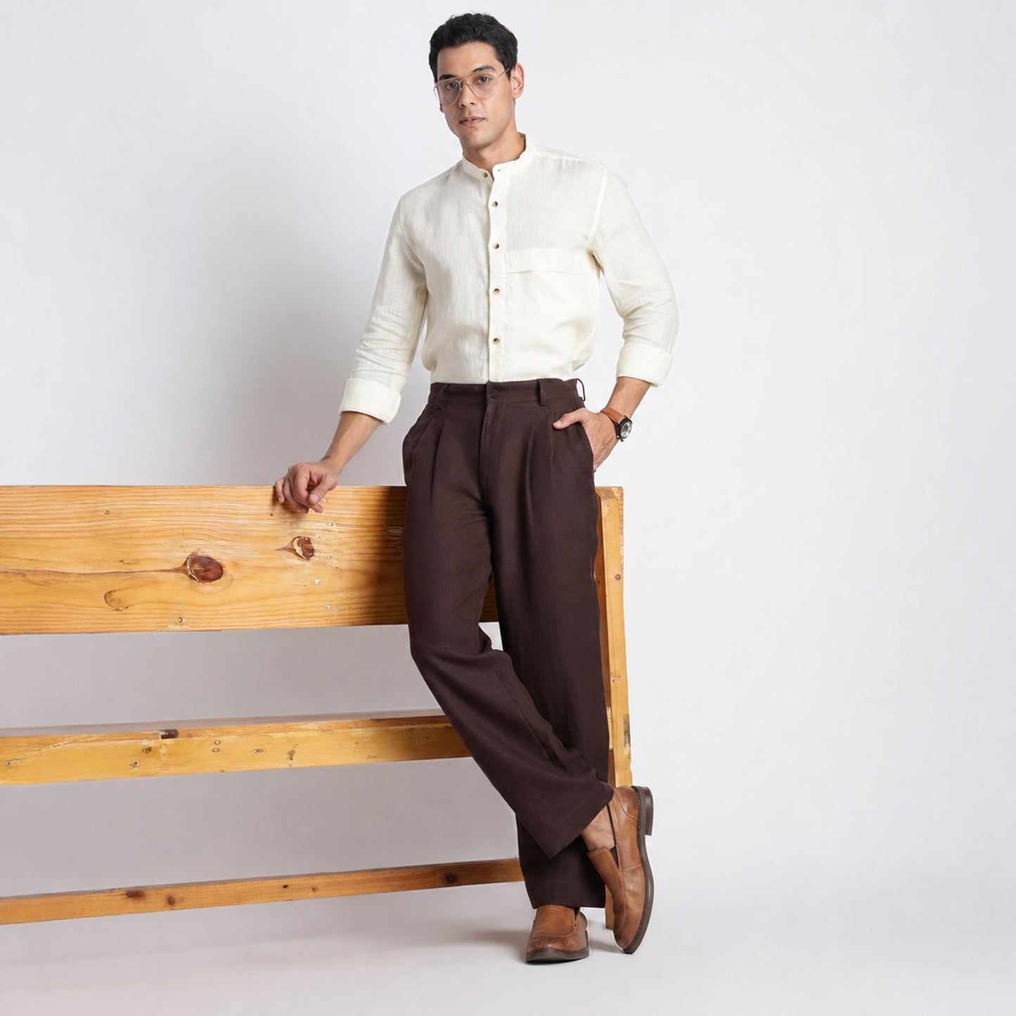 Busan – Luxury Pleated Straight Fit Pure Linen Trousers – Coffee