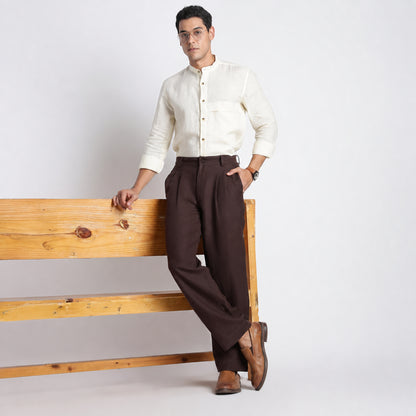 Busan – Luxury Pleated Straight Fit Pure Linen Trousers – Coffee