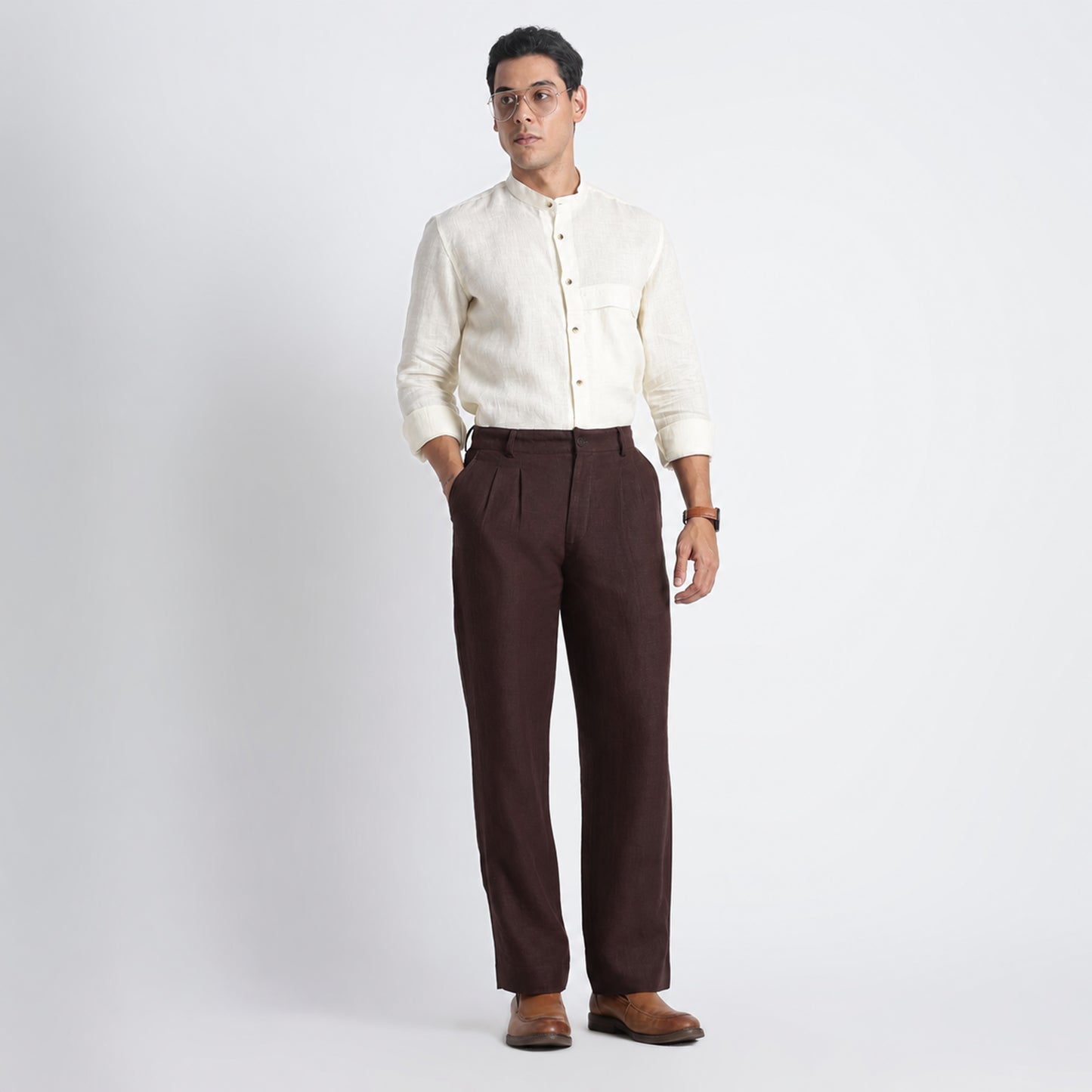 Busan – Luxury Pleated Straight Fit Pure Linen Trousers – Coffee