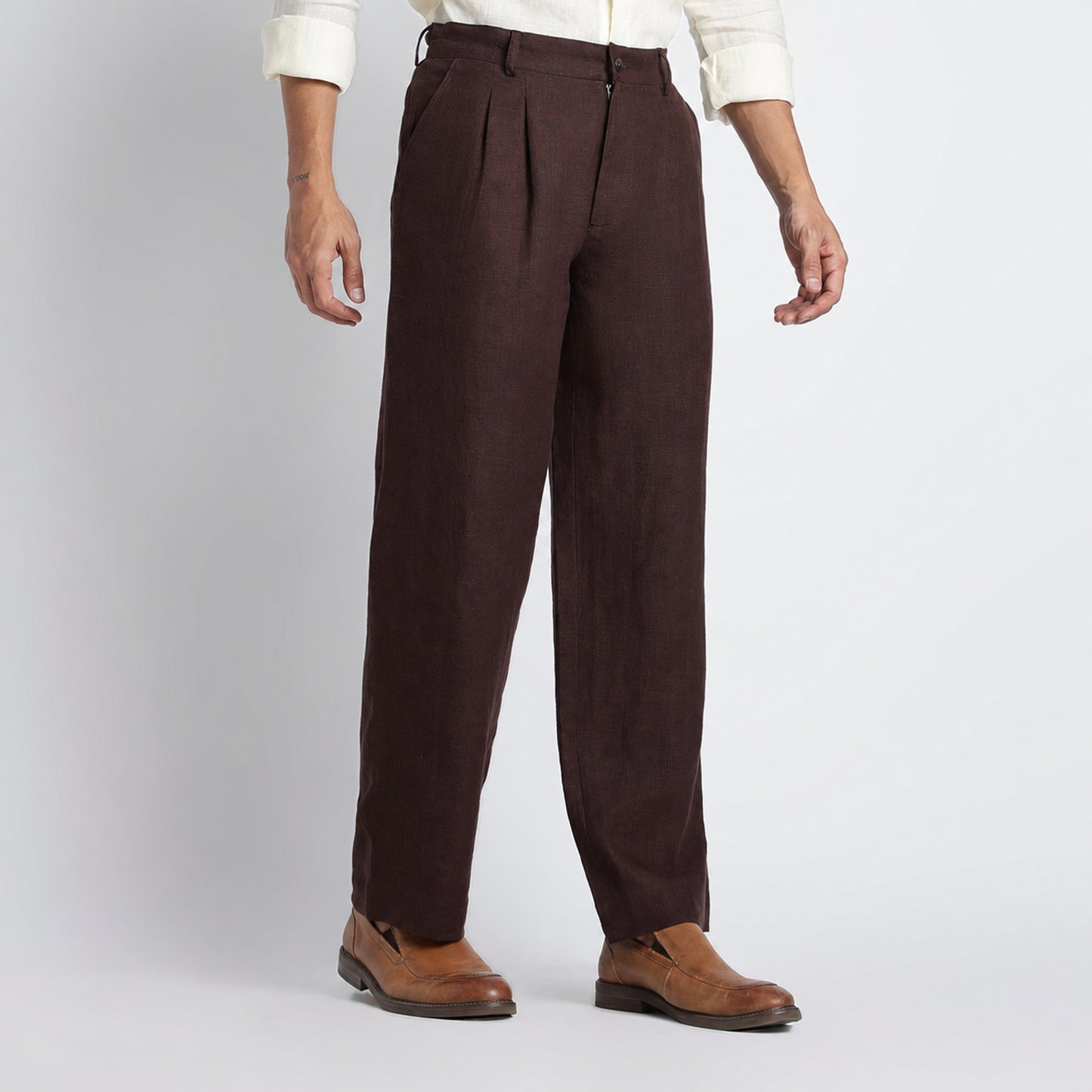 Busan – Luxury Pleated Straight Fit Pure Linen Trousers – Coffee