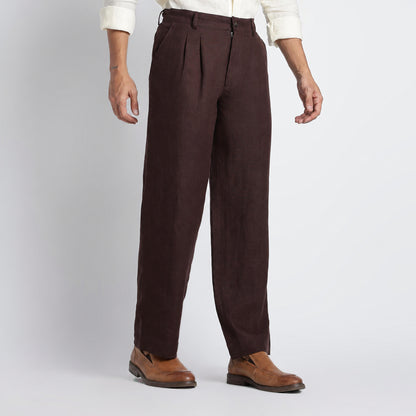 Busan – Luxury Pleated Straight Fit Pure Linen Trousers – Coffee