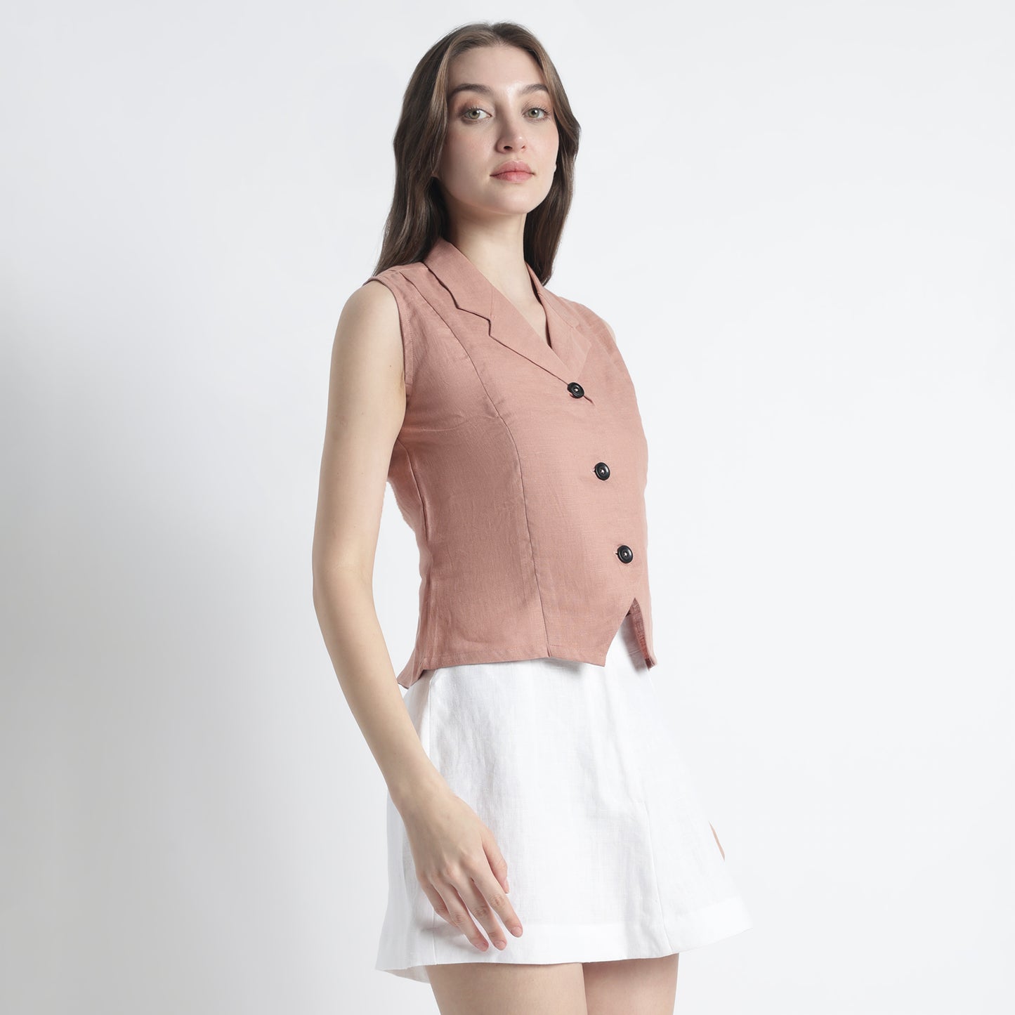 Laura – Tailored Notch Lapel Linen Vest Top – Clay