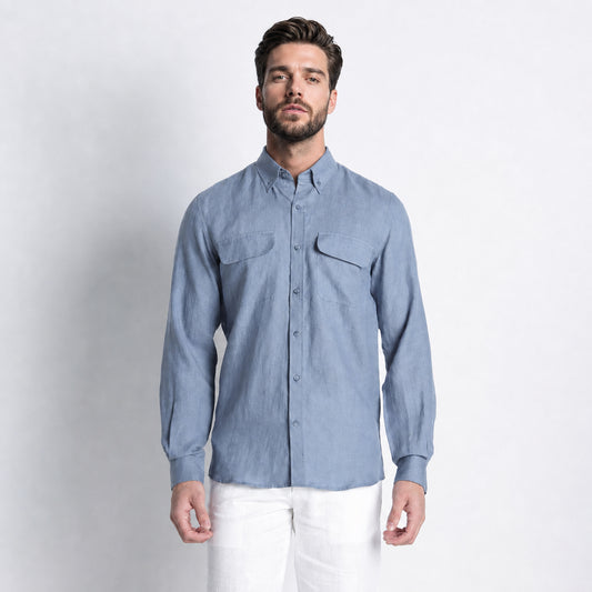 Texas – Classic American Double Pocket Linen Shirt – Steel Blue