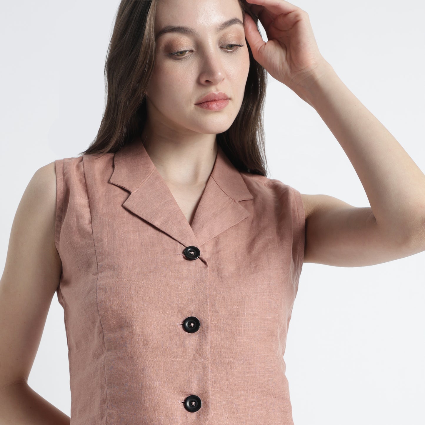 Laura – Tailored Notch Lapel Linen Vest Top – Clay